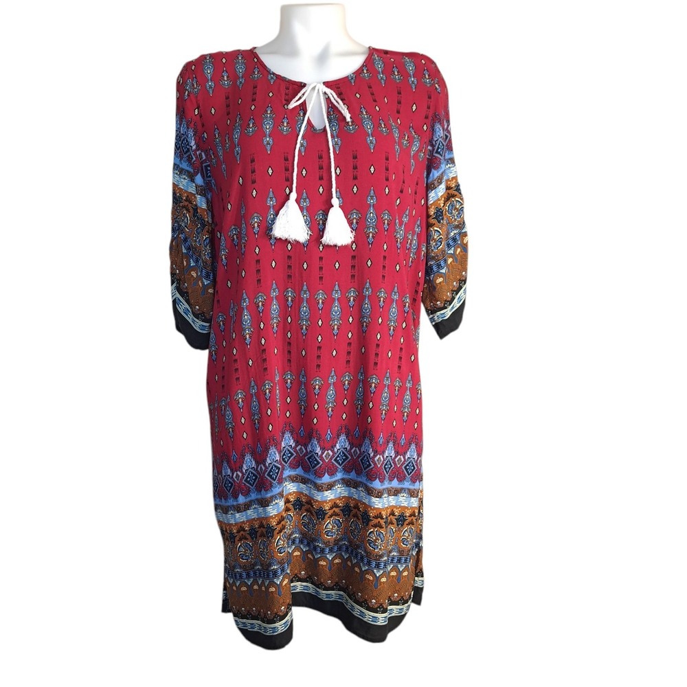 Halife Women's Tunic L Red/Blue Tassel Tie Neck Loose Fit Bohemian 3/4 Sleeve‎